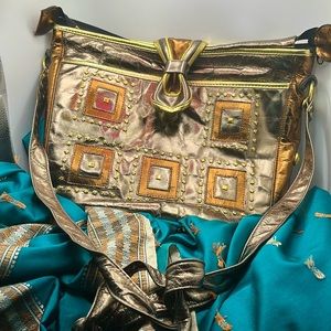 Vintage Karam Metallic Gold and Bronze Leather Bag with Studs and Buttons